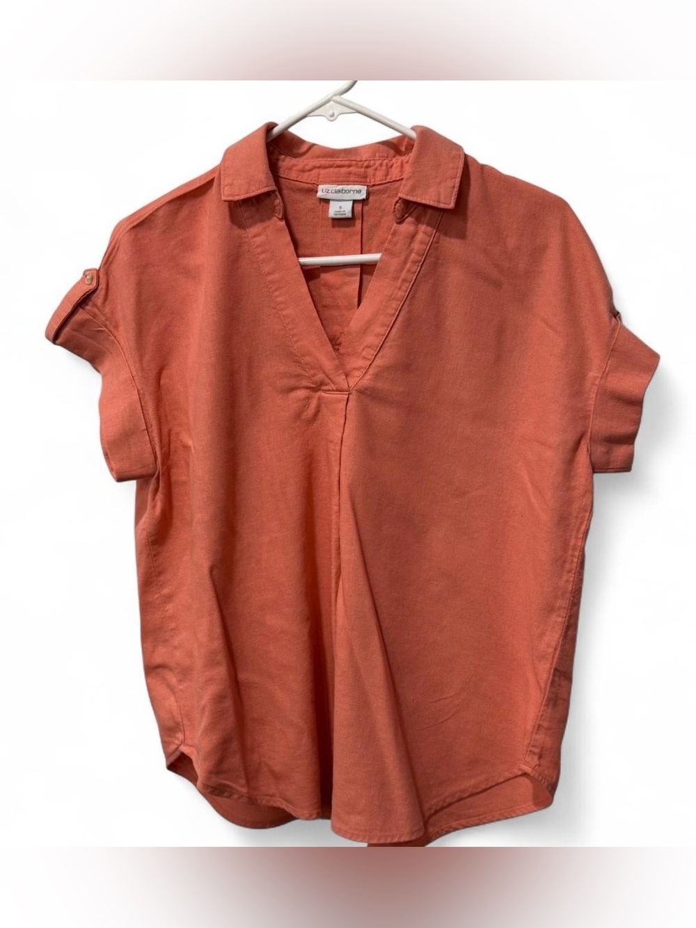 Liz Claiborne Coral Relaxed Short Sleeve Linen blend V-Neck Tunic Top size S
